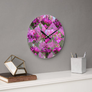 Grande Horloge Ronde Bougainvilliers roses Design géométrique