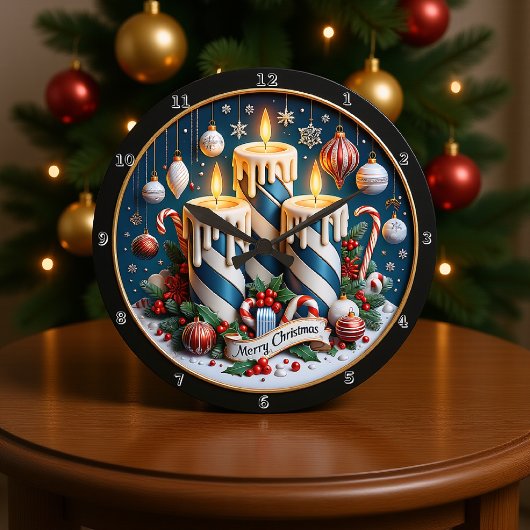 Grande Horloge Ronde Bougies de Noël bleues et blanches