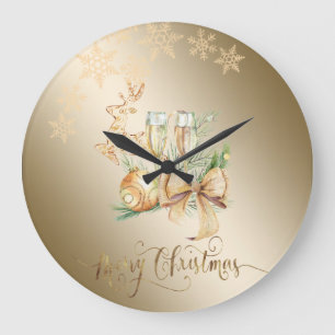 Grande Horloge Ronde Boule de Noël, Renne, Verre à vin , Flocons de nei