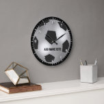 Grande Horloge Ronde Boule de soccer en argent personnalisable<br><div class="desc">Conception de boule de soccer argent entièrement personnalisable avec votre propre nom ou texte. Idéal pour les étiquettes de nom pour les parties de football ou les équipes de football ou comme cadeau spécial pour ce jeune joueur de football dans votre vie. sgb01</div>