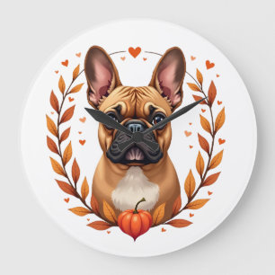 Grande Horloge Ronde Bouledogue français vintage avec couronne de feuil
