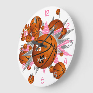 Grande Horloge Ronde boules de basket aux étoiles gris rose décoration 