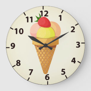 Grande Horloge Ronde Boules de crème glacée et fraise en cône gaufre