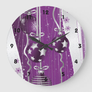 Grande Horloge Ronde Boules de Noël violettes et grises étoiles et floc