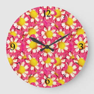 Grande Horloge Ronde Bouquet Dahlia - corail et blanc avec jaune
