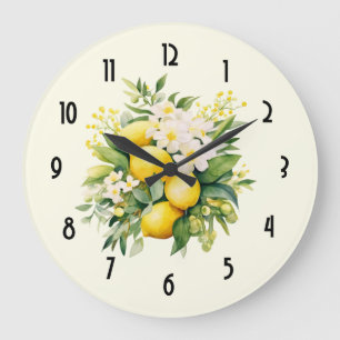 Grande Horloge Ronde Bouquet de citrons aux fleurs blanches