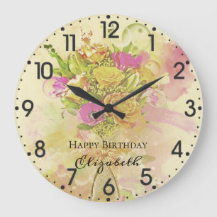 Grande Horloge Ronde Bouquet de fleurs d'aquarelle d'anniversaire