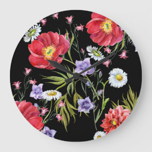 Grande Horloge Ronde Bouquet de fleurs d'aquarelle : Motif sans couture