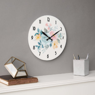 Grande Horloge Ronde Bouquet de fleurs rose et bleu élégant