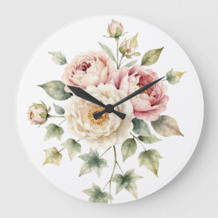 Grande Horloge Ronde Bouquet de pivoine douce Élégance aquarelle