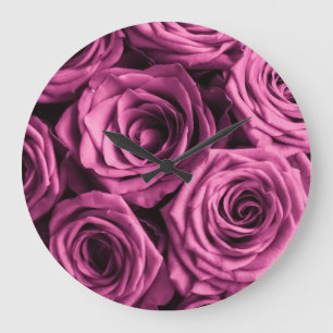 Grande Horloge Ronde Bouquet de roses violets, fleurs fleuris arrière -