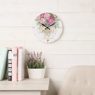 Grande Horloge Ronde Bouquet élégant de pivoines roses Joyeuse fête des