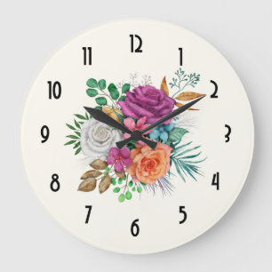 Grande Horloge Ronde Bouquet floral rose, orange et blanc