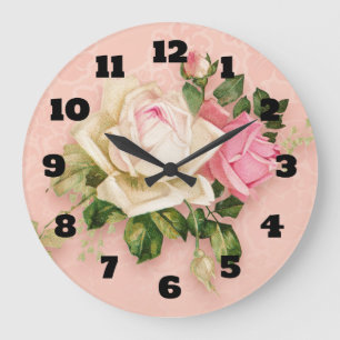 Grande Horloge Ronde Bouquet rose et rose blanche