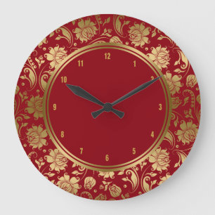 Grande Horloge Ronde Bourgogne et or Vintage Floral Damas
