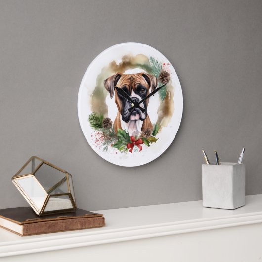 Grande Horloge Ronde Boxer Christmas Wreath Festive Pup (Bureau)