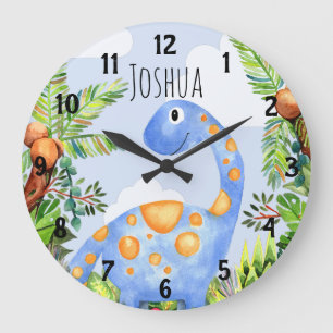 Grande Horloge Ronde Boys Jungle Aquarelle Dinosaure Nom Enfants Nurser