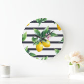 Grande Horloge Ronde Branche de citron : lisière d'aquarelle d'agrumes (Maison)