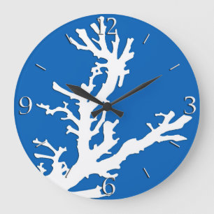 Grande Horloge Ronde Branche de corail - blanc sur le bleu de cobalt
