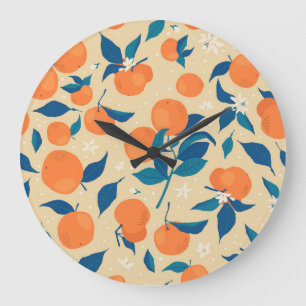 Grande Horloge Ronde Branches Oranges : Motif Arrière - plan beige