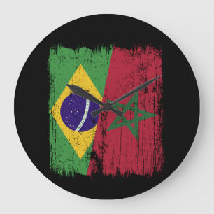 Grande Horloge Ronde Brésil Maroc Demi-Drapeau Brésilien Marocain