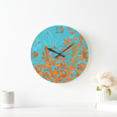 Grande Horloge Ronde Bright Aqua Blue et Orange Floral Wall Clock (Maison)
