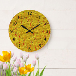 Grande Horloge Ronde Bright Jaune Poussins de Pâques Moderne Motif Amus