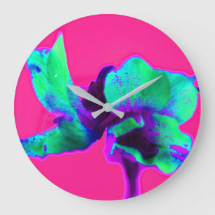 Grande Horloge Ronde Bright Pink & Green Abstract Floral Kitchen Clock