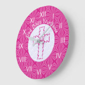 Grande Horloge Ronde Bright Pink Zig Zag Cross on Hot Pink and White (Angle)