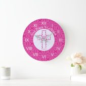 Grande Horloge Ronde Bright Pink Zig Zag Cross on Hot Pink and White (Maison)