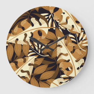 Grande Horloge Ronde Bright Tropical Feuilles Dark Motif