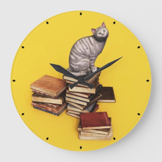 Grande Horloge Ronde British Cat sur une pile de livres (Recto)