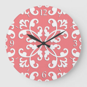 Grande Horloge Ronde Broderie anglaise - blanc sur rose azalée
