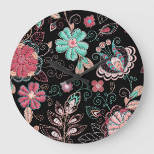 Grande Horloge Ronde Broderie florale vintage Motif foncé