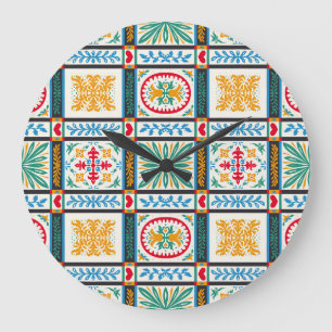 Grande Horloge Ronde Broderie italienne Majolica : Floral méditerranéen