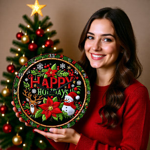 Grande Horloge Ronde Broderie Joyeux Noël Noir