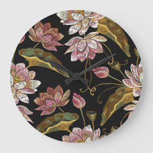 Grande Horloge Ronde Broderie Lotus Fleurs Motif sans couture