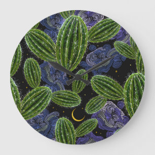 Grande Horloge Ronde Broderie mexicaine : Cactus Night Seamless.