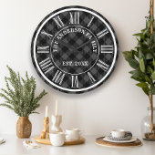 Grande Horloge Ronde Buffle Gris Et Noir Plaid Chiffres Romains Rustiqu