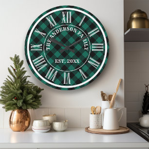 Grande Horloge Ronde Buffle Vert Et Noir Plaid Chiffres Romains Rustiqu