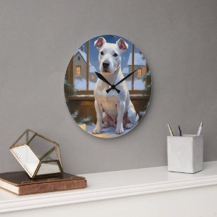 Grande Horloge Ronde Bull Terrier avec lumières de Noël vacances