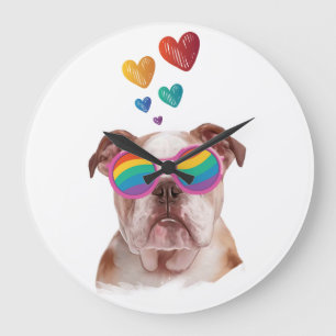 Grande Horloge Ronde Bulldog anglais avec des coeurs Saint-Valentin