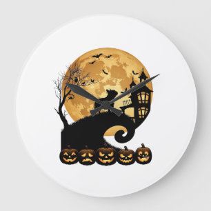 Grande Horloge Ronde Bulldog français Halloween Lune Citrouilles Squele