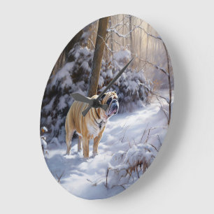 Grande Horloge Ronde Bulldog Qu'Il Neige Noël Brossé