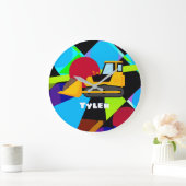 Grande Horloge Ronde Bulldozer jaune, Formes géométriques Nom de l'enfa (Maison)