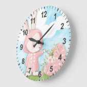 Grande Horloge Ronde Bunny Rabbit Parapluie & Fleurs (Angle)