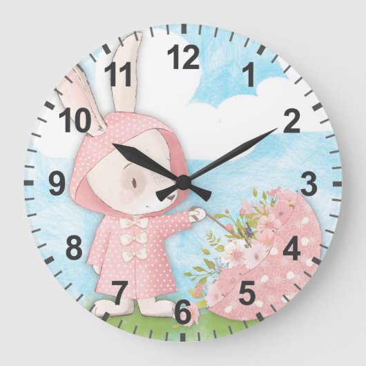 Grande Horloge Ronde Bunny Rabbit Parapluie & Fleurs (Recto)