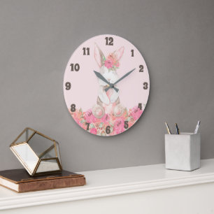Grande Horloge Ronde Bunny rose Floral Enfants Chambre Baby Nursery