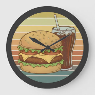 Grande Horloge Ronde Burger et cola rétro.