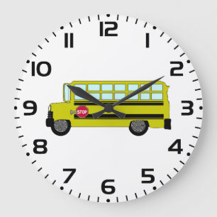 Grande Horloge Ronde Bus Scolaire Jaune avec Panneau d'Arrêt